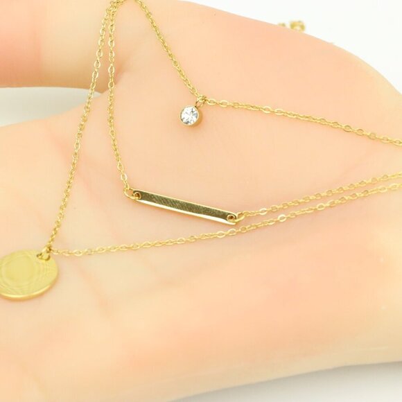 Layered Yellow Necklace with Round and Bar Pendant, Chic Design, XPNL0367 - Picture 3 of 13